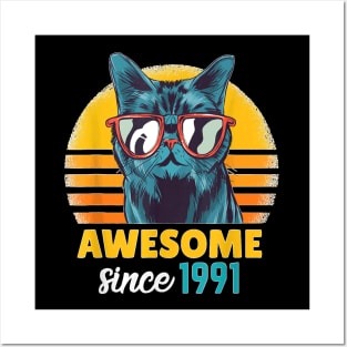 Awesome Since 1991   Funny Cat Lover 32Th Birthday Gift Posters and Art